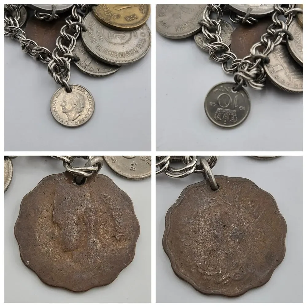 Vintage World Coin Charm Bracelet International Coins Egypt Greece UK 6.75